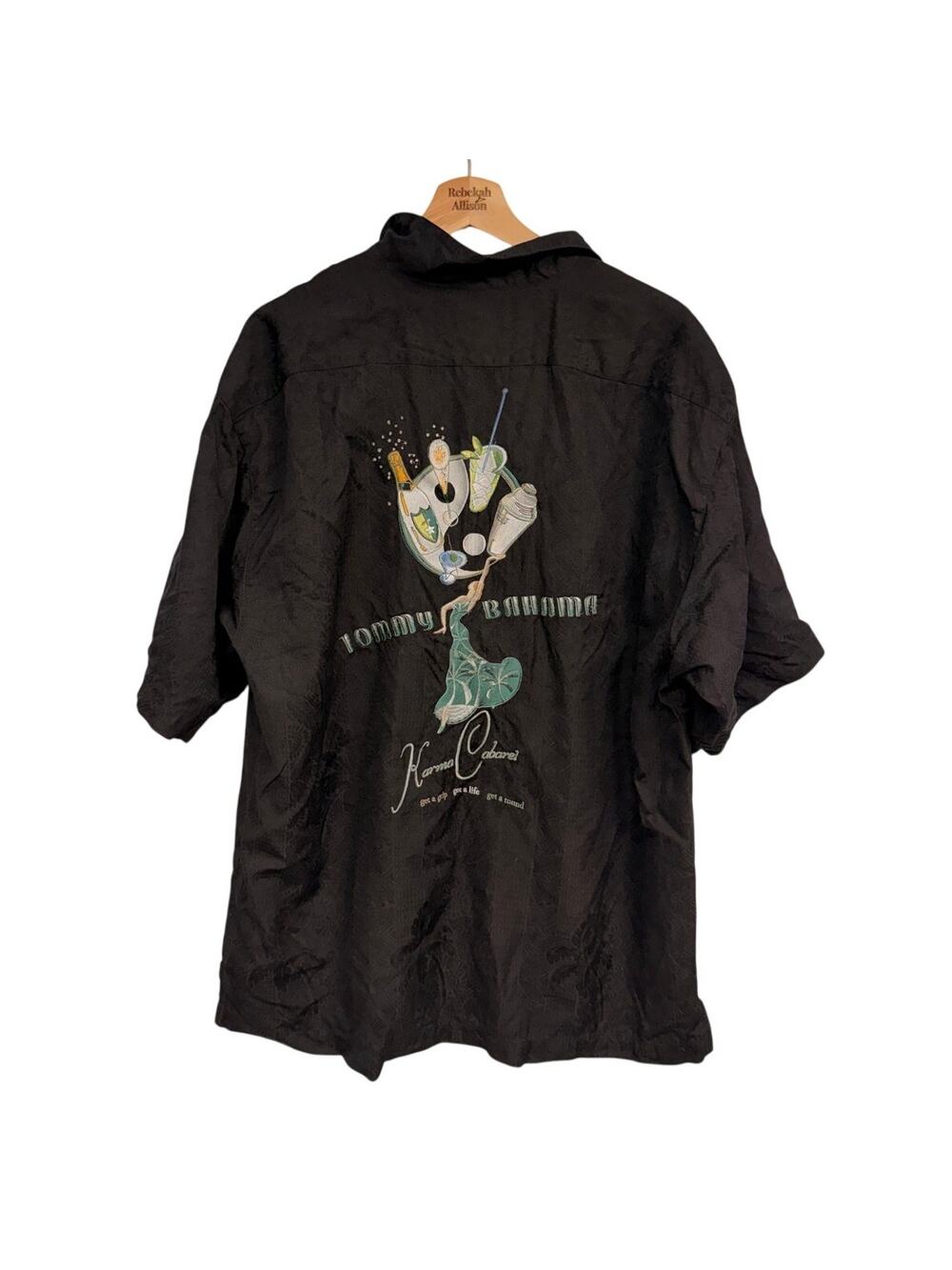 VTG Tommy Bahama Embroidered "Karma Caberet" Silk Camp Shirt SZ LARGE Black EUC